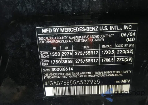 2005 Mercedes-Benz Ml 500 4Matic from USA, damaged, VIN 4JGAB75E55A537925
